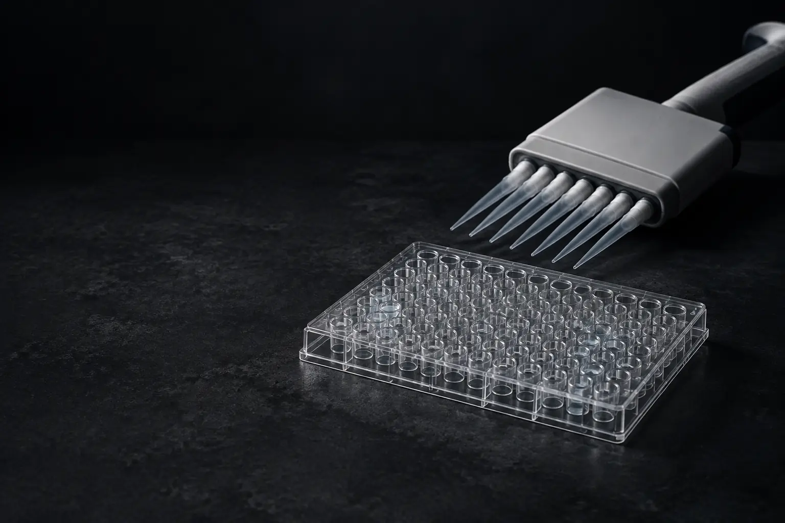 A clear 96-well laboratory plate beside a multichannel pipette