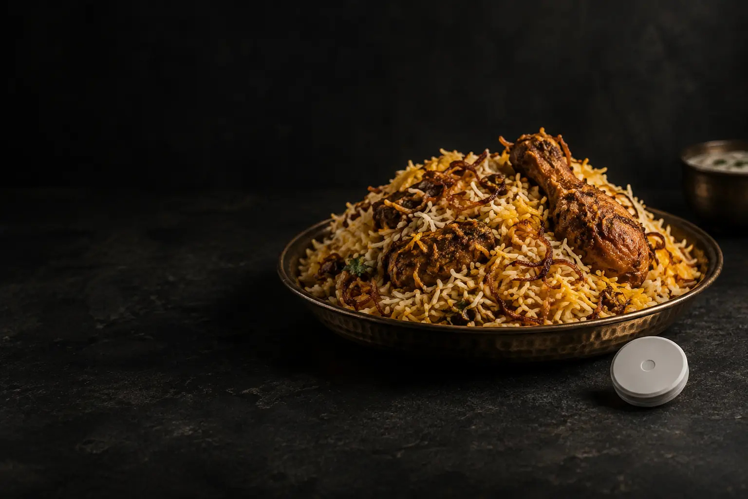 A plate of Hyderabadi biryani beside a small round white continuous glucose monitor sensor