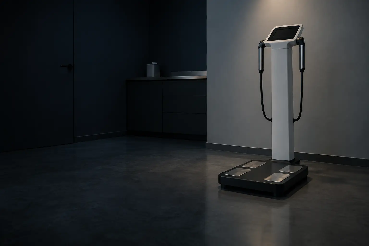 A standing bioelectrical impedance body-composition analyser with metal foot plates and hand grips