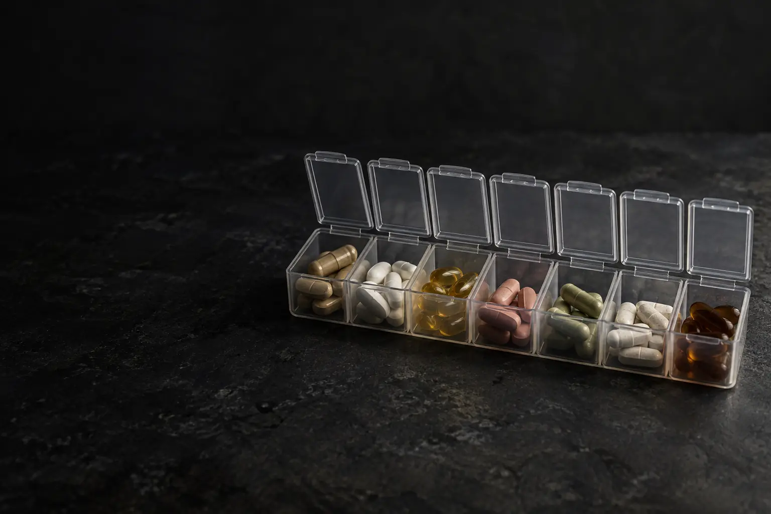 A clear weekly pill organiser with compartments of assorted capsules and tablets