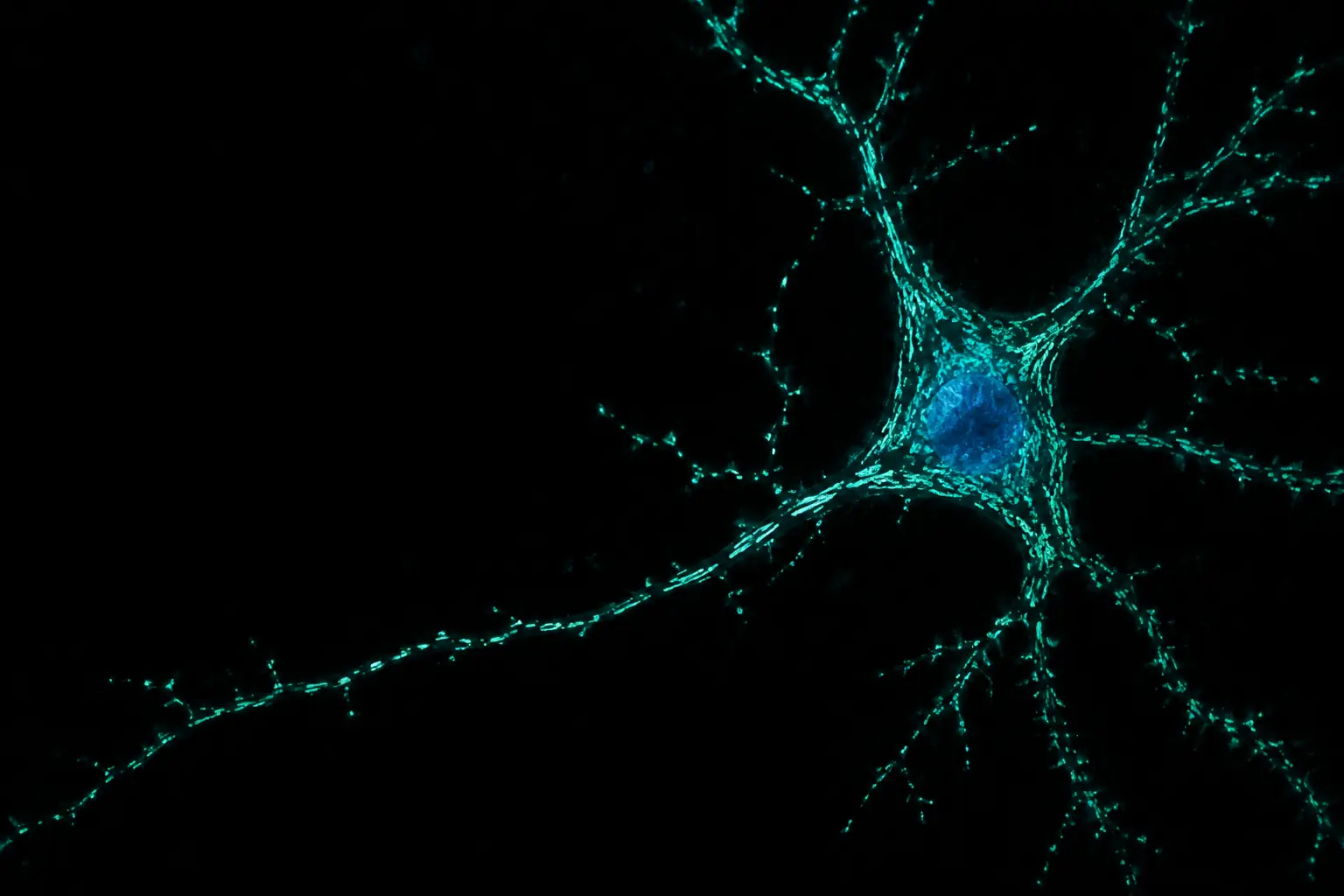 Fluorescence micrograph: single neuron with its mitochondrial network stained teal