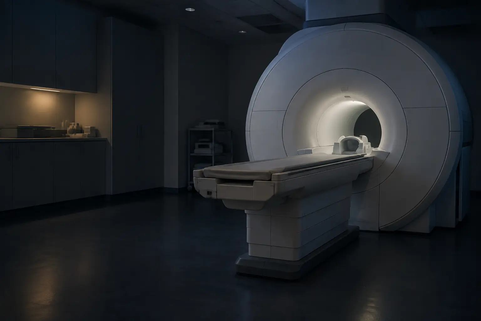 An empty MRI scanner room: the white bore and patient table