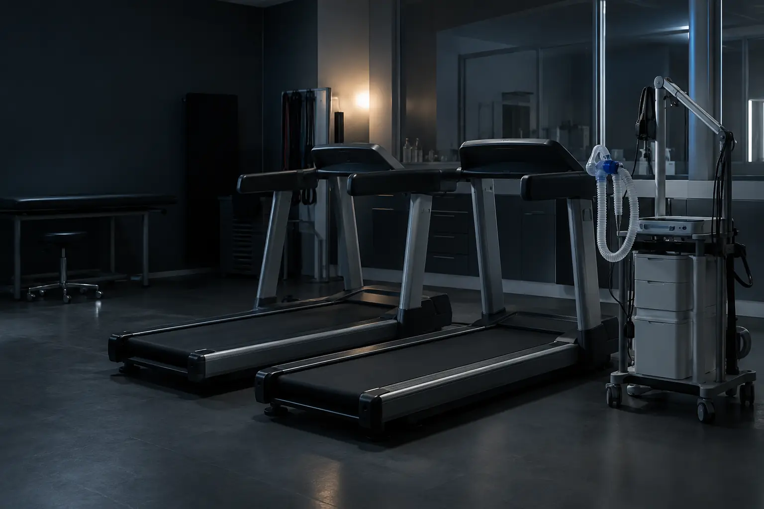 A sports-medicine lab with two empty treadmills side by side and a metabolic cart with its mask and hose on the handrail