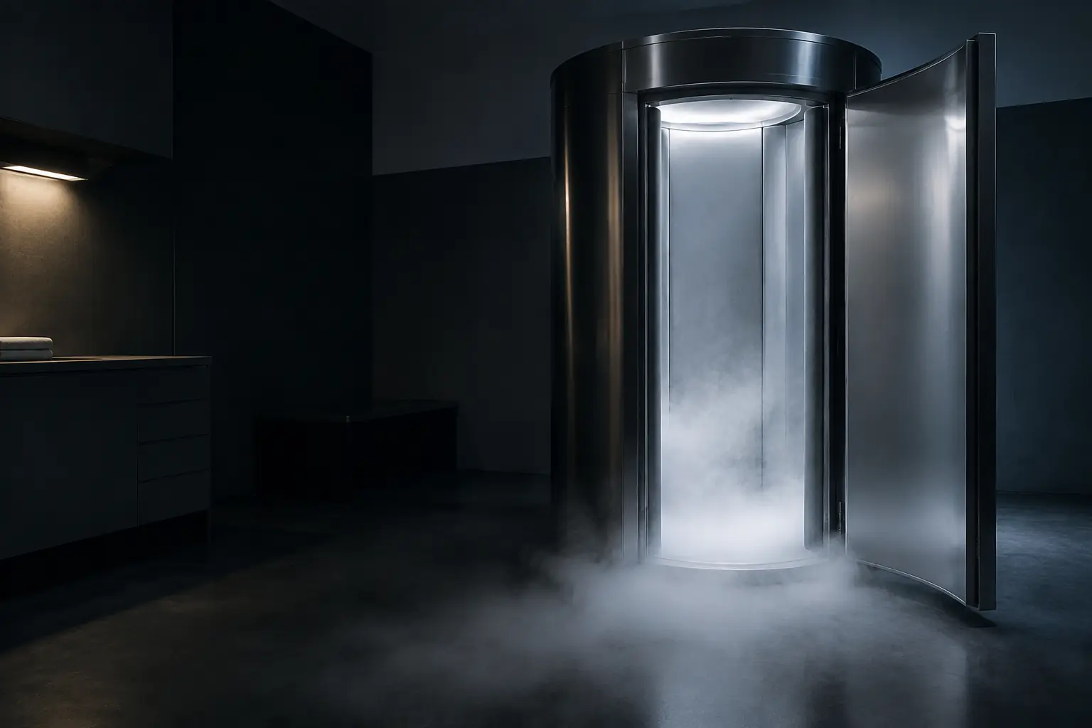 An empty whole-body cryotherapy cabin with its door open