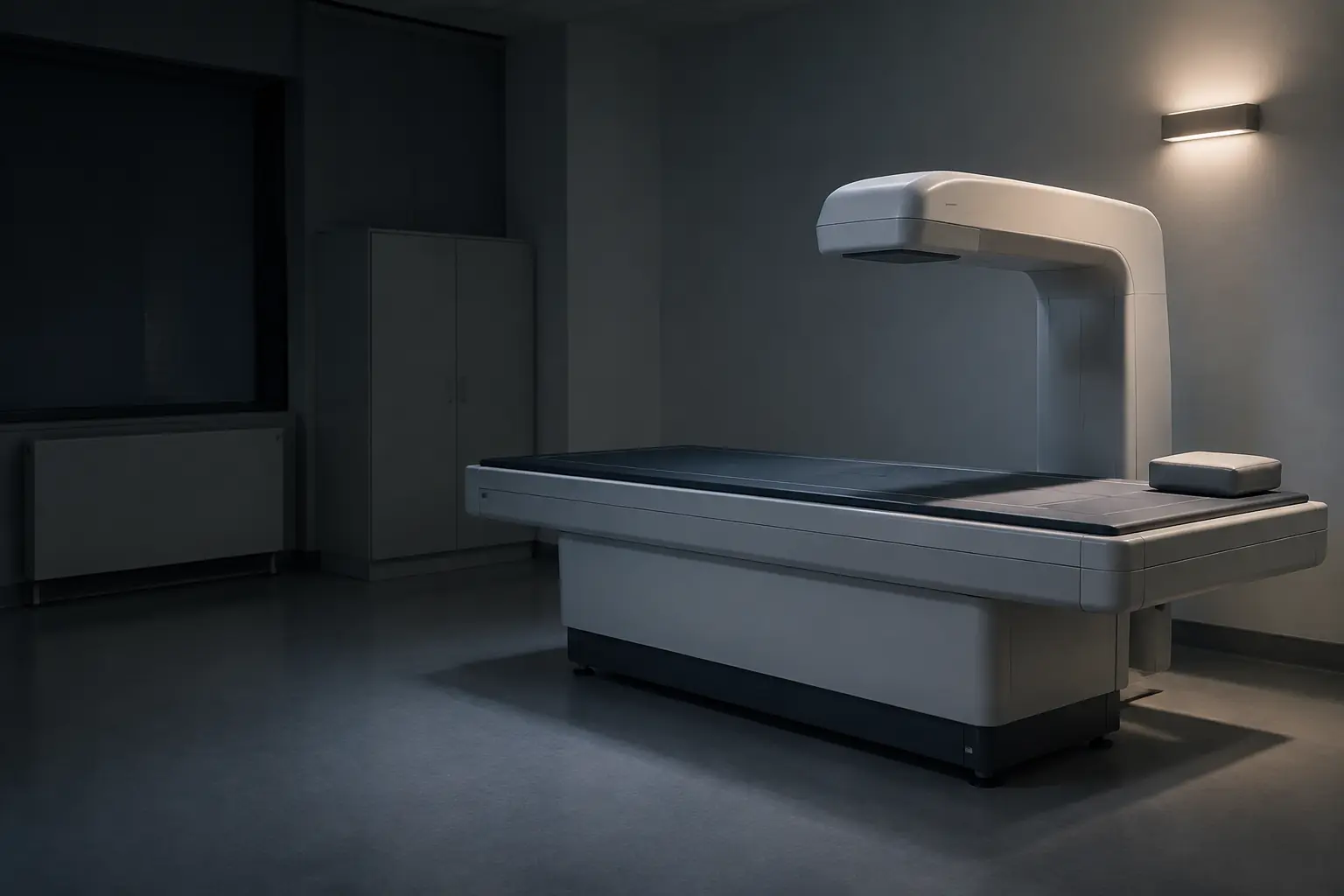 A DEXA body-composition scanner: a long padded table under a slim scanning arm
