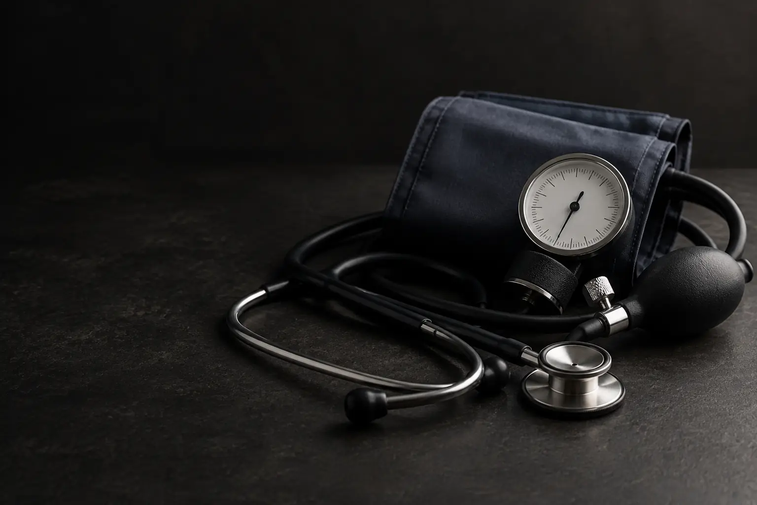 A clinical blood pressure cuff with its rubber bulb and a stethoscope