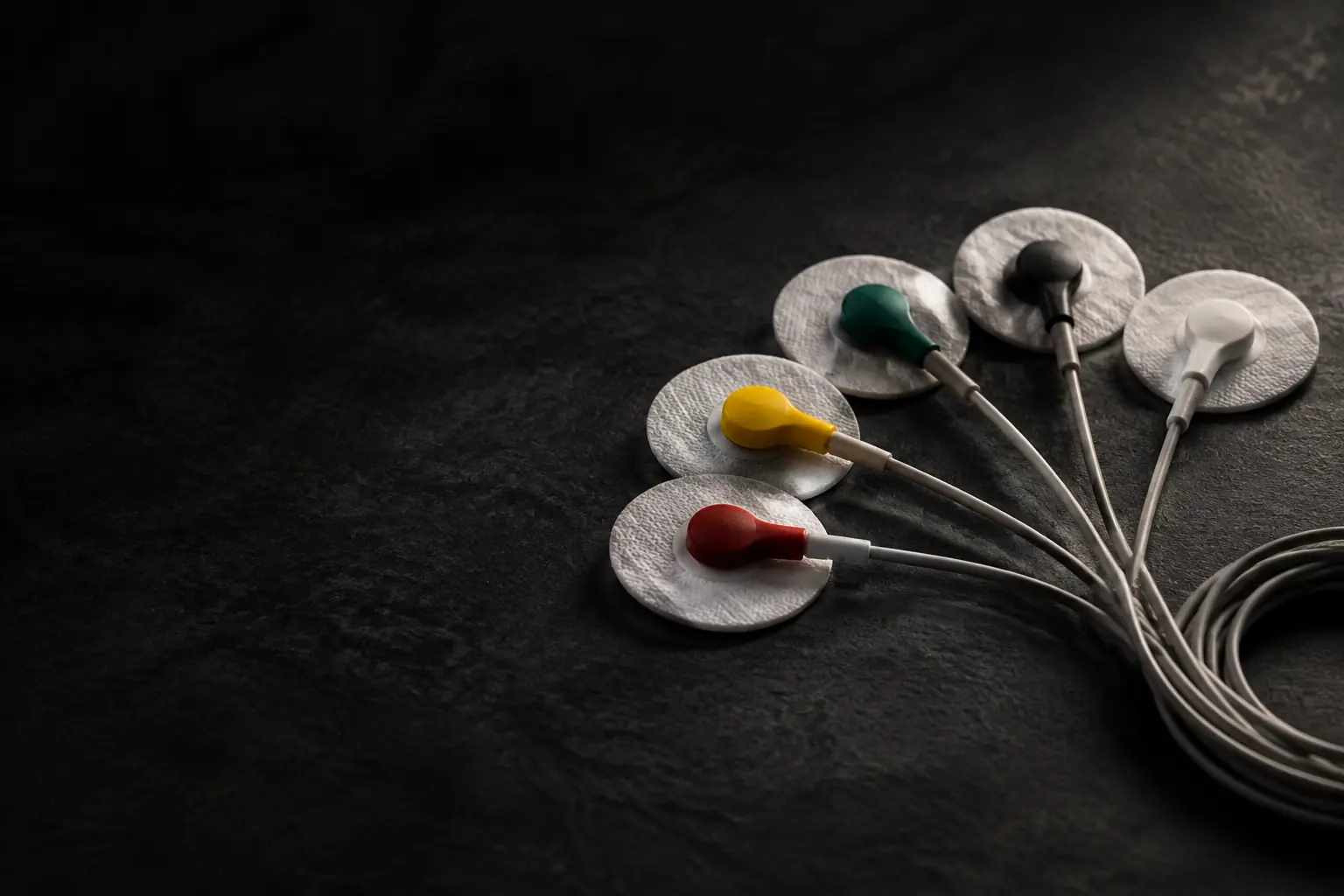 A set of ECG electrode pads and lead wires laid neatly in a fan