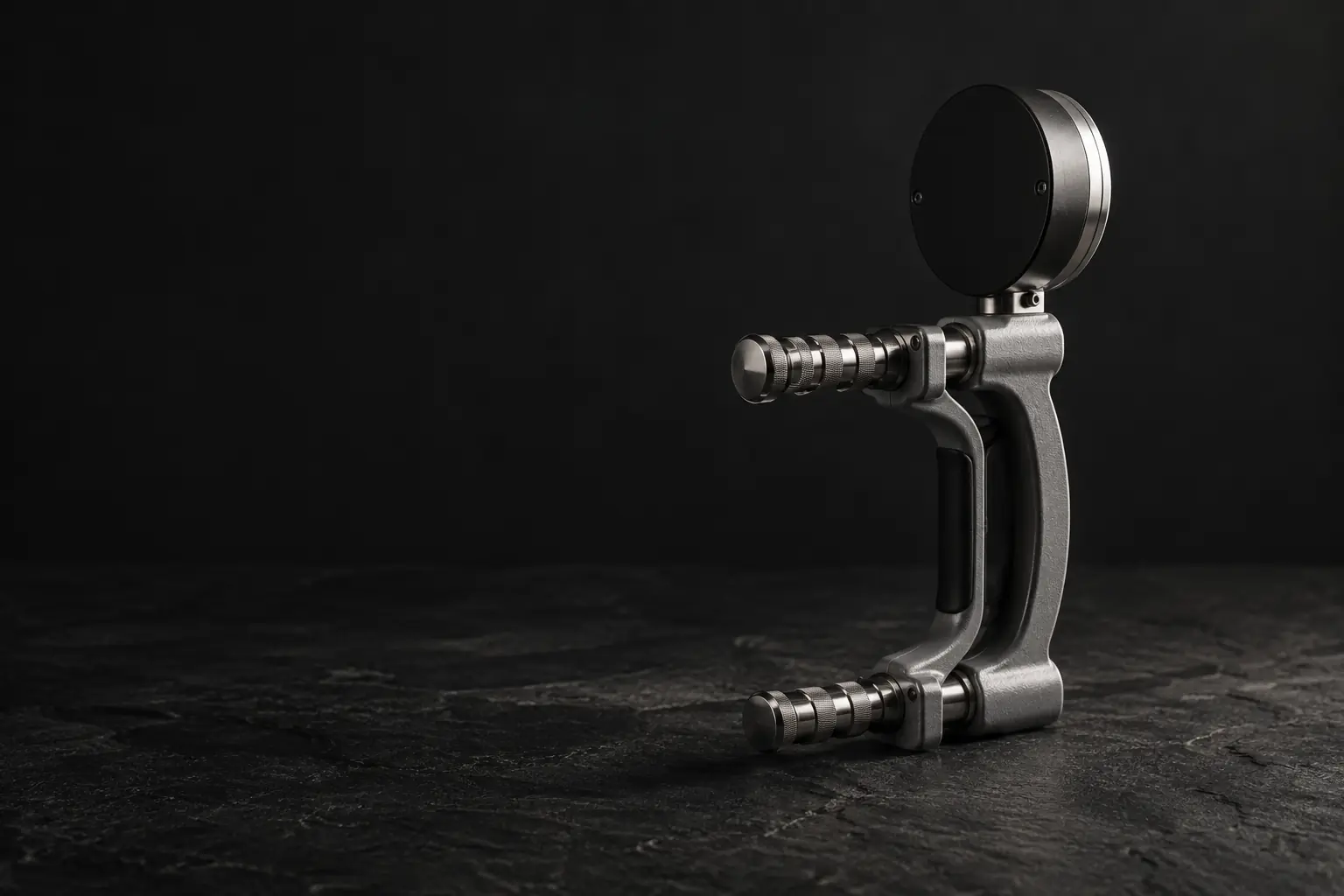 A clinical hydraulic hand dynamometer with its round analogue gauge turned away from camera