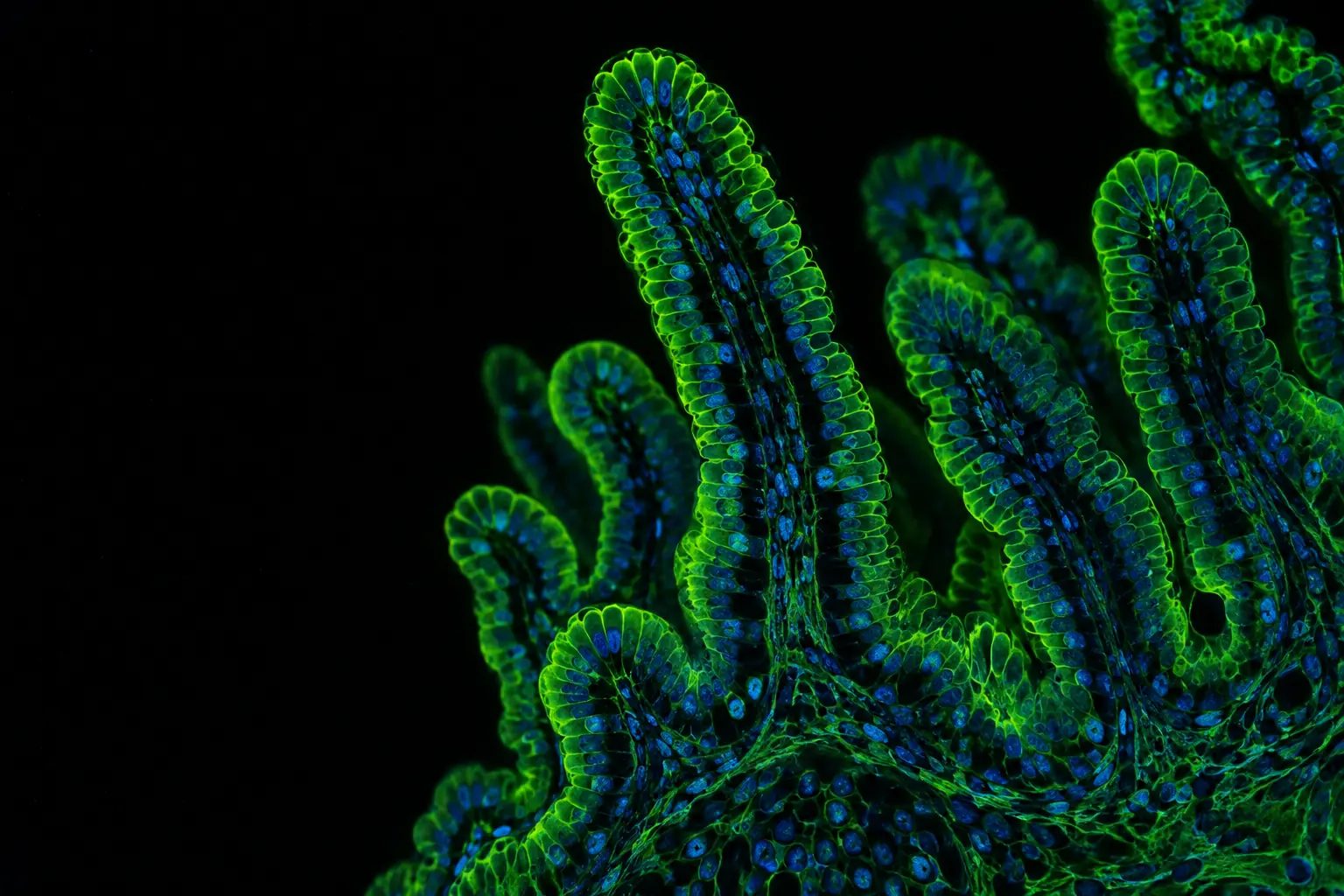 Fluorescence micrograph: cross-section of small-intestine villi