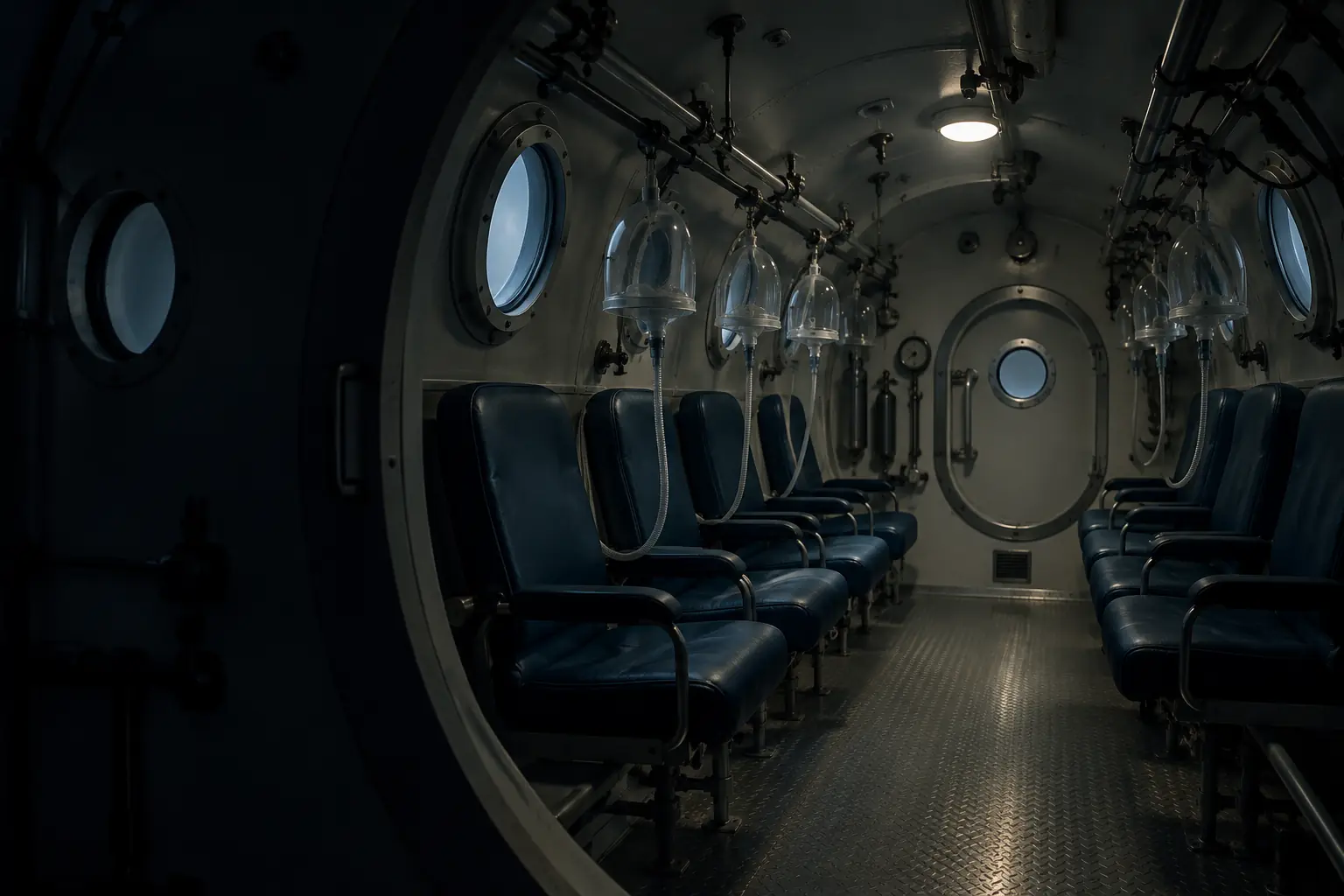 The empty interior of a multiplace hyperbaric chamber: two rows of seats, porthole windows and oxygen hoods