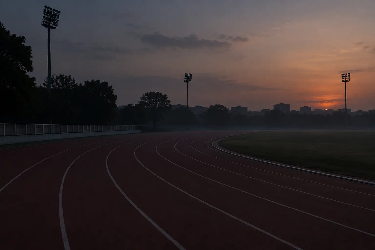 An empty outdoor running track at first light, white lane lines curving away and the floodlight towers switched off