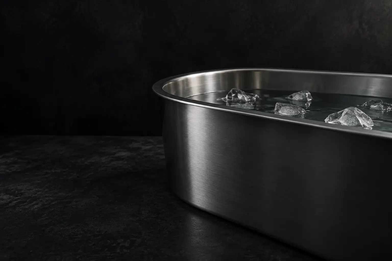 The still water surface of a stainless steel cold-plunge tub with a few floating shards of clear ice