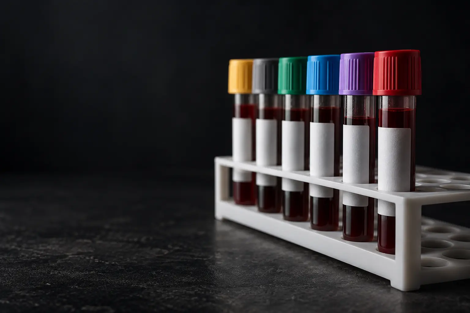 A row of blood collection tubes with coloured caps in a white rack