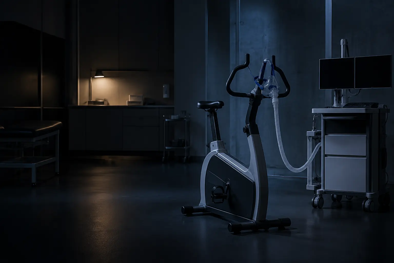 A stationary cycle ergometer with a cardiopulmonary testing mask and hose on its handlebar