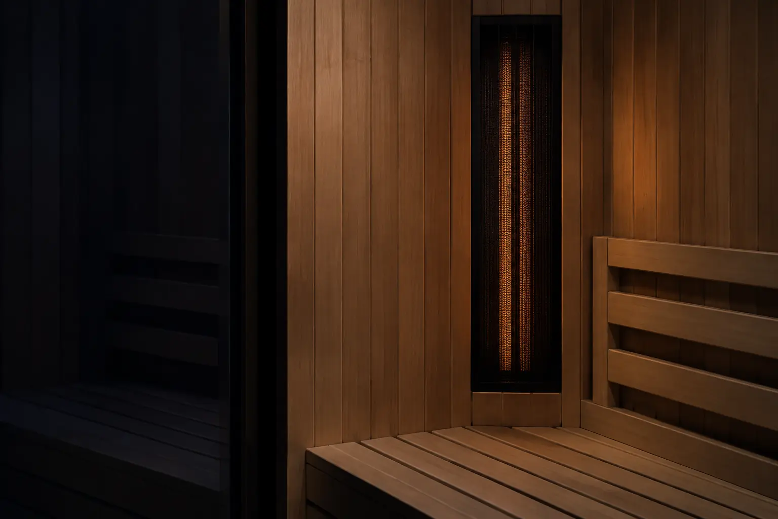 Close detail of an empty infrared sauna cabin: vertical pale cedar wall slats and a slim dark carbon infrared heater panel