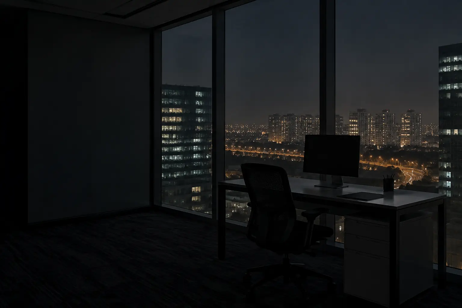 An empty office desk and chair by floor-to-ceiling glass in a tech park tower at night