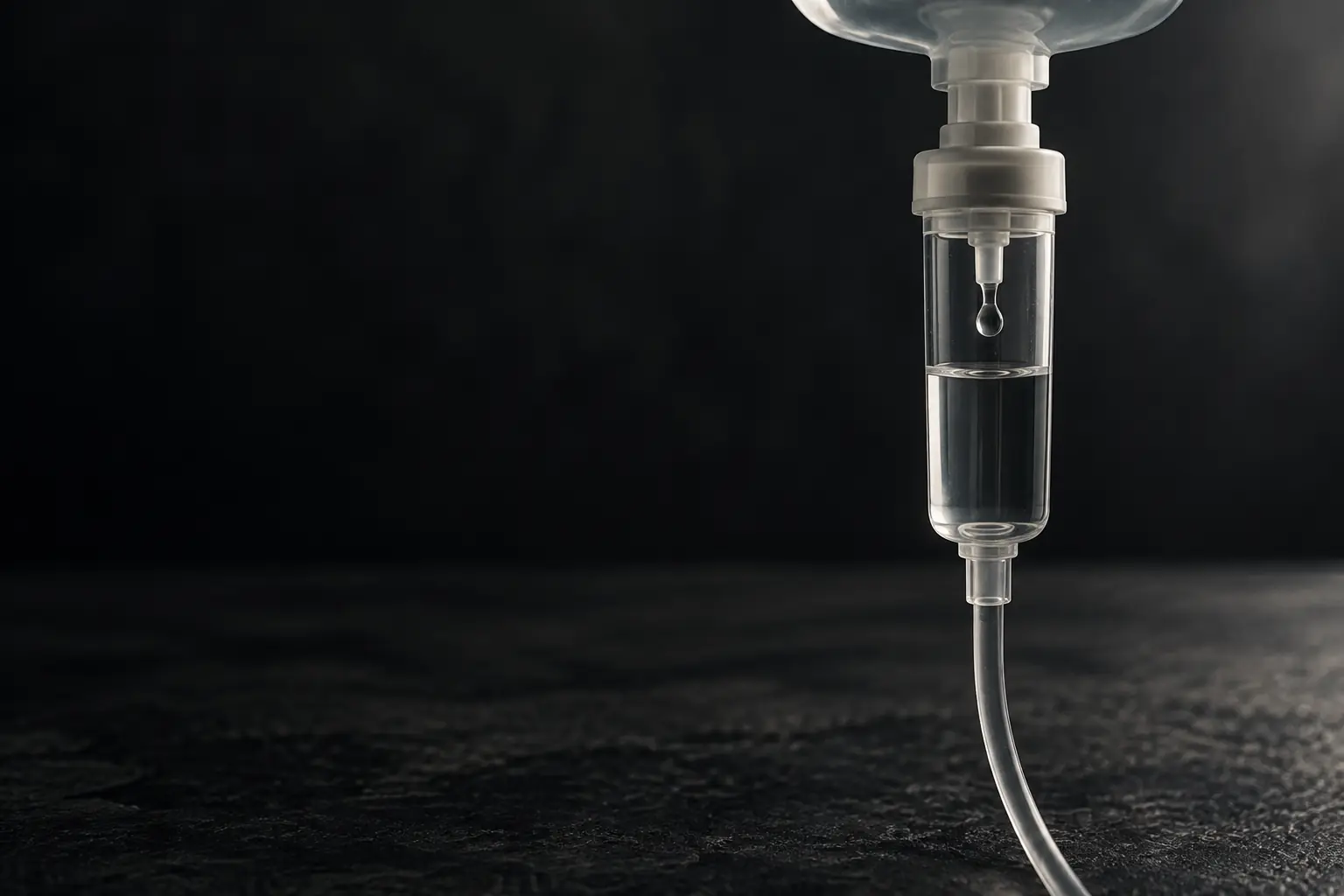 Close-up of a clear IV drip chamber with a single droplet forming