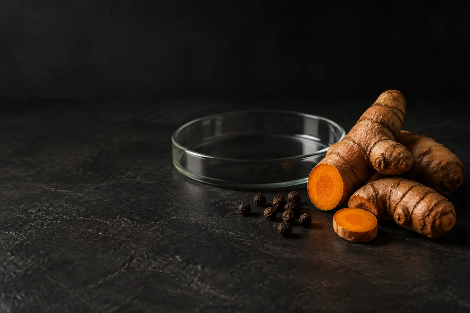 Fresh turmeric roots and a few black peppercorns beside a clear glass laboratory petri dish