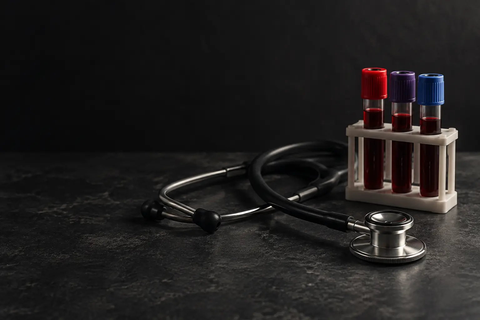 A stethoscope coiled beside a small rack of three blood collection tubes