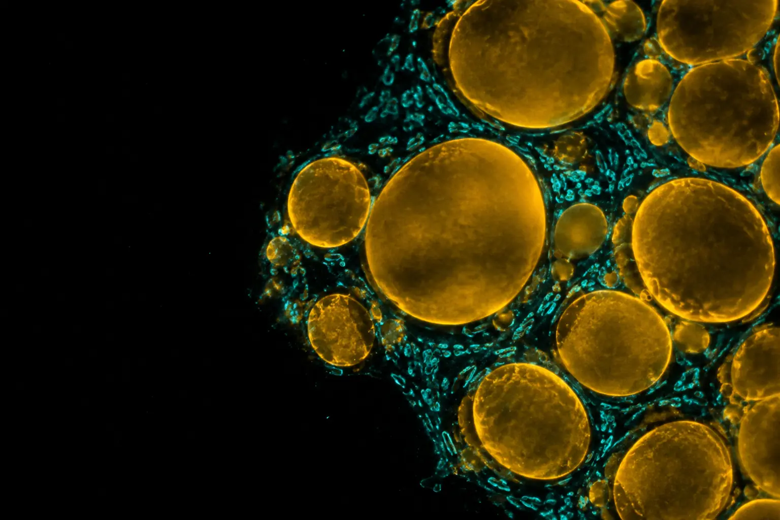 Fluorescence micrograph: fat cells (adipocytes) packed with large round lipid droplets stained golden amber