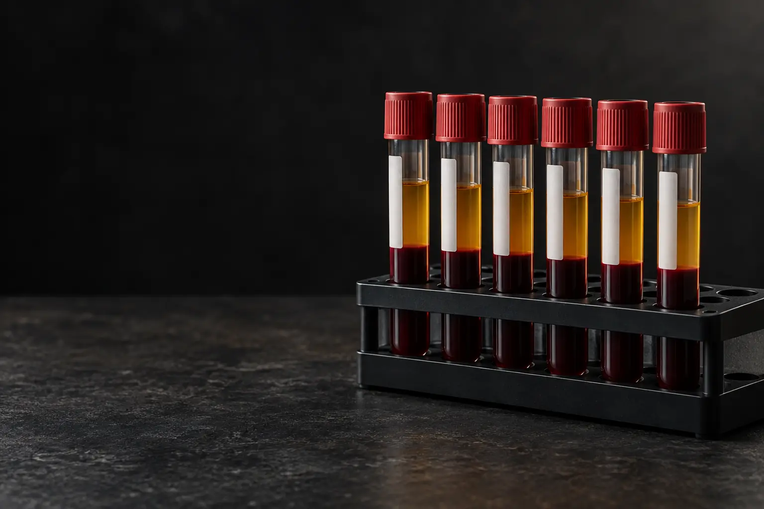Centrifuged blood tubes in a rack