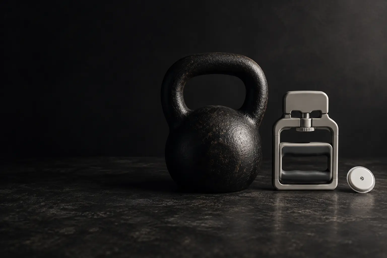 A kettlebell, a clinical hand dynamometer and a small round continuous glucose monitor sensor arranged in a line
