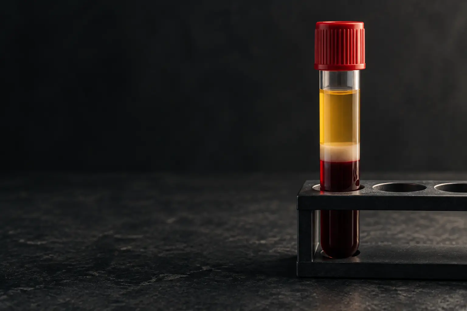 A centrifuged blood tube held upright in a small rack: golden plasma above dark red cells