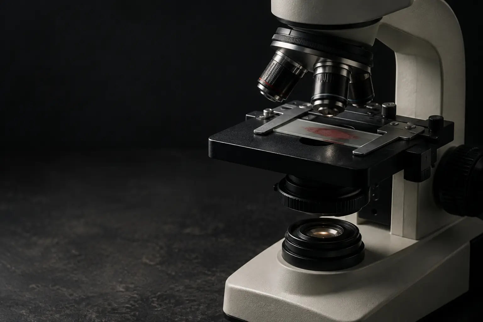 A glass microscope slide with a thin blood smear lying on the stage of a laboratory microscope