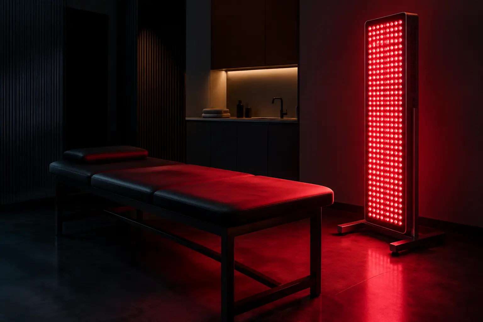 A full-body red-light therapy panel glowing deep red in a dim clinic room