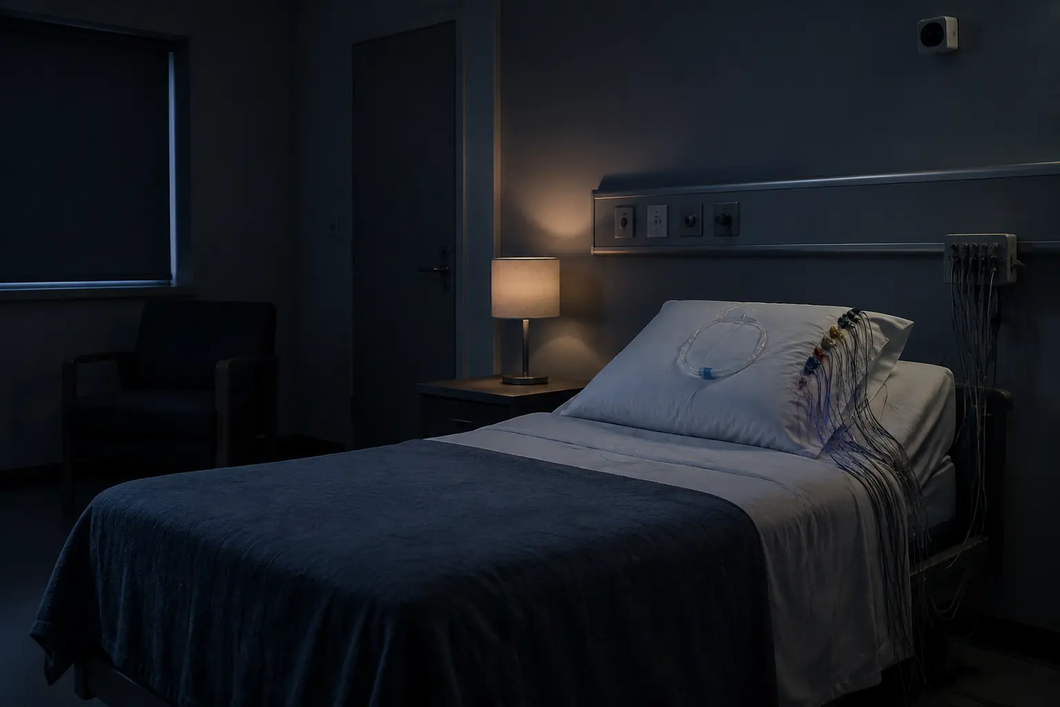 An empty sleep-study room: a made bed with polysomnography electrode leads laid on the pillow