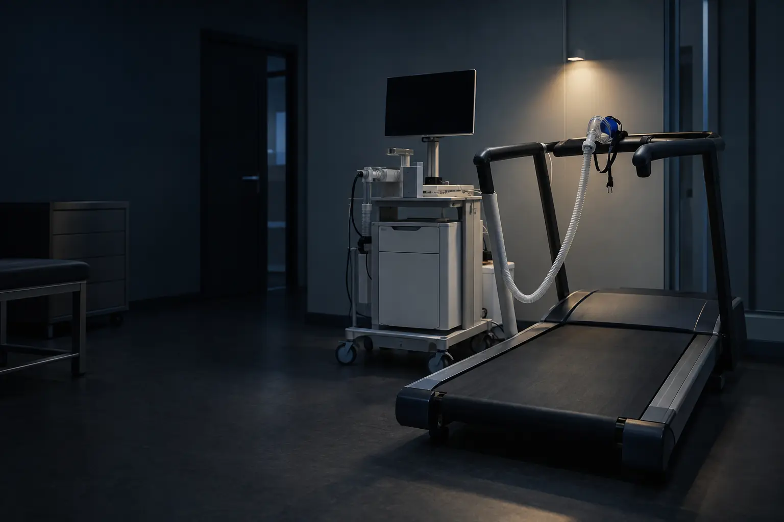 A cardiopulmonary exercise testing setup: treadmill with a VO2 face mask and breathing hose resting on the handrail
