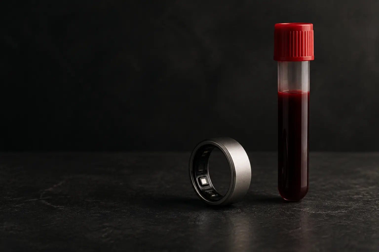 An unbranded matte titanium smart ring standing next to a single blood collection tube with a red cap