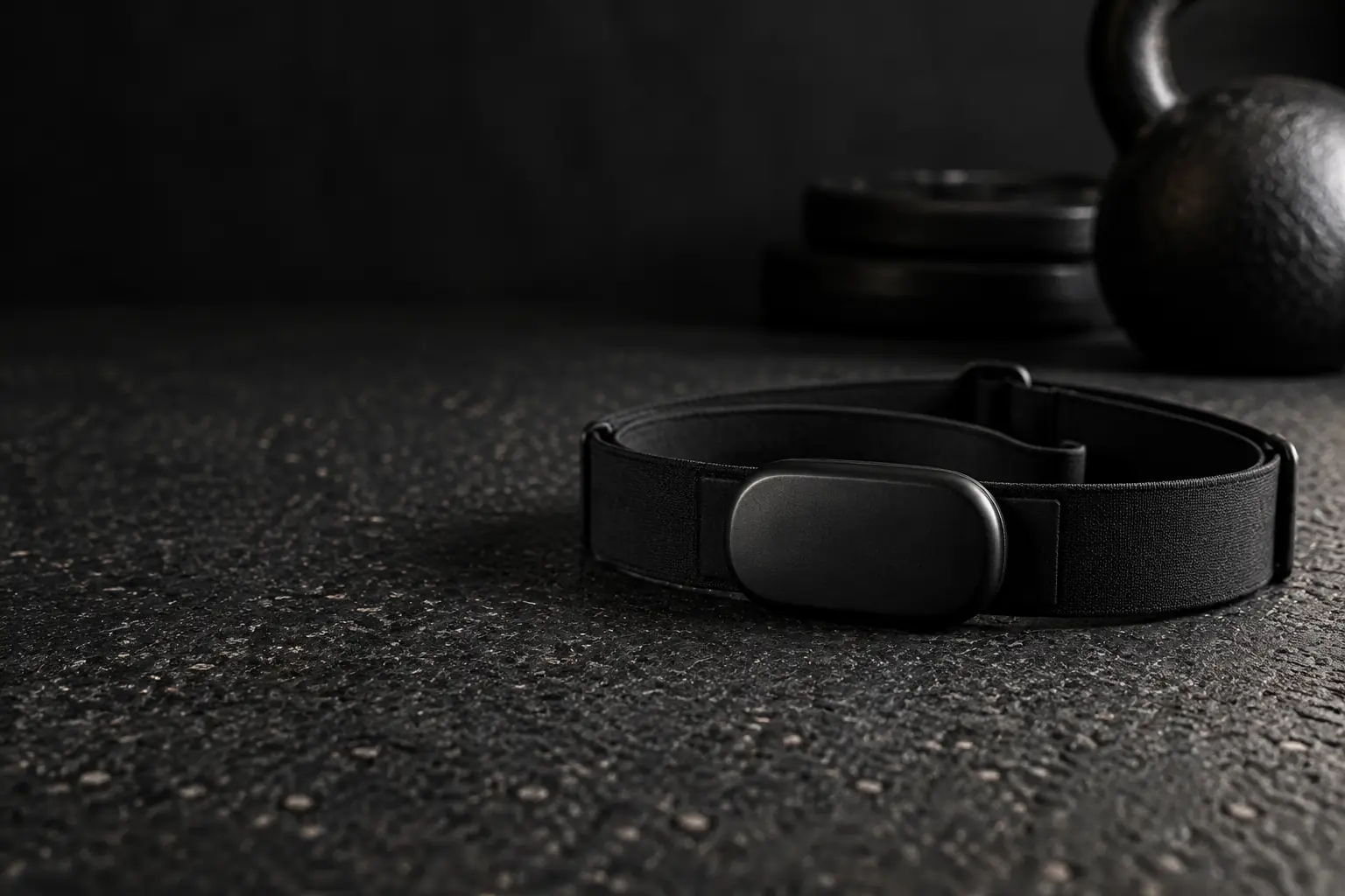 A black chest-strap heart-rate monitor coiled on a rubber gym floor