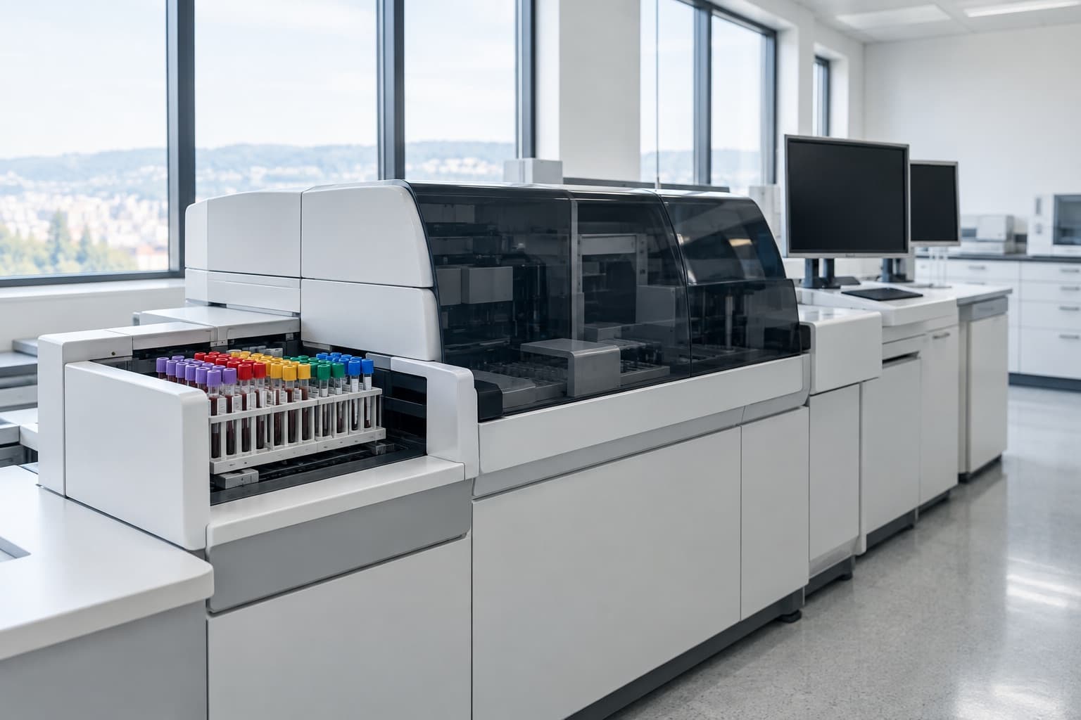 Automated blood analyser with sample tubes in a clinical laboratory
