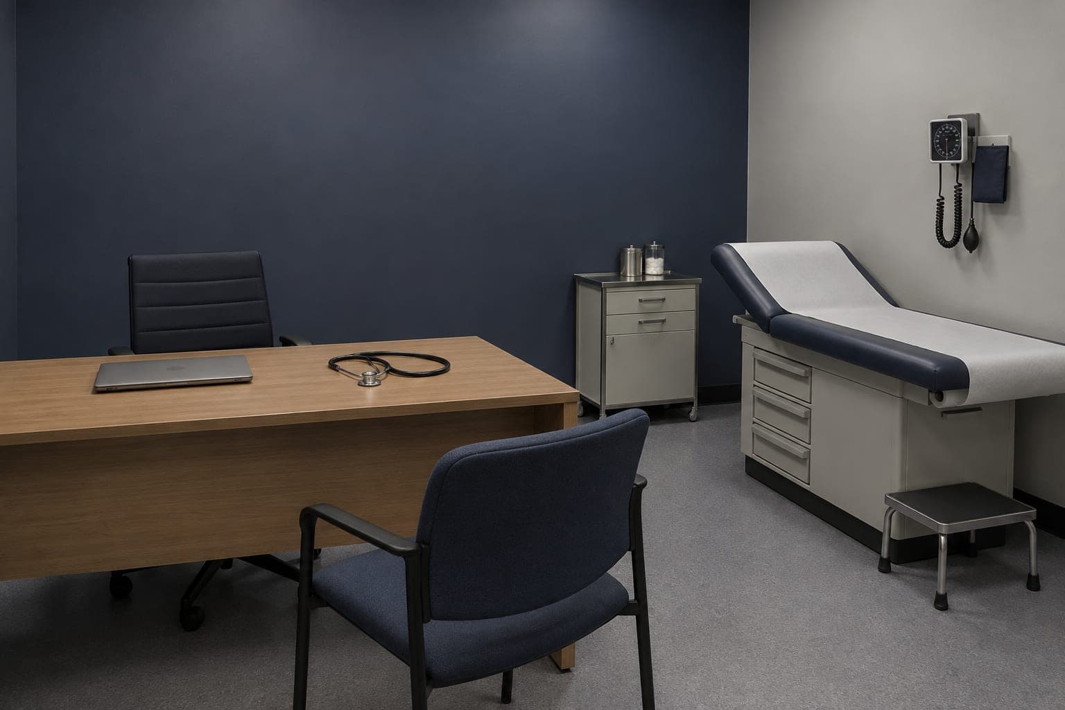 Physician consultation room with a desk, two chairs and an examination couch