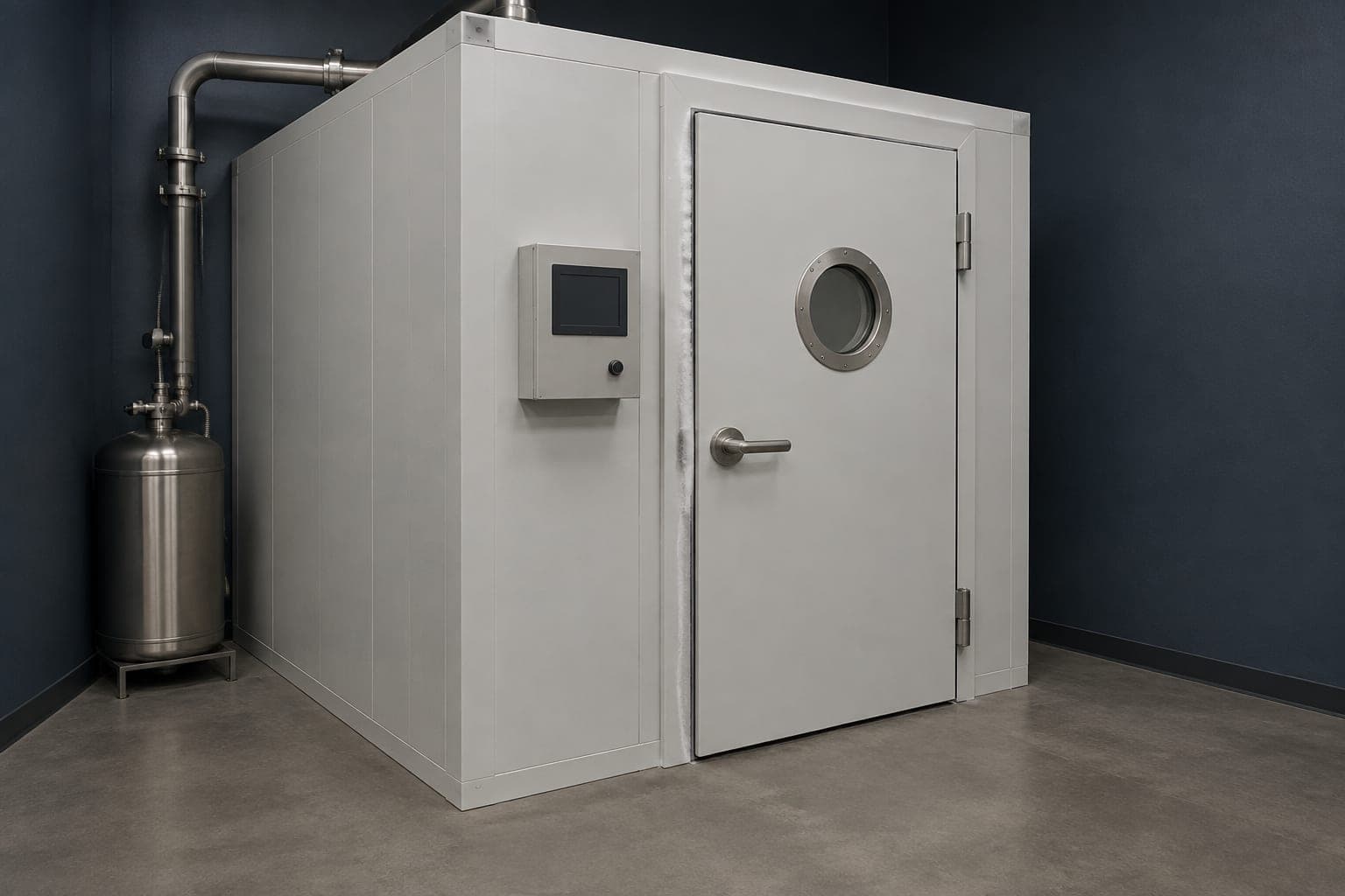 Walk-in whole-body cryotherapy chamber with an insulated door and liquid-nitrogen supply