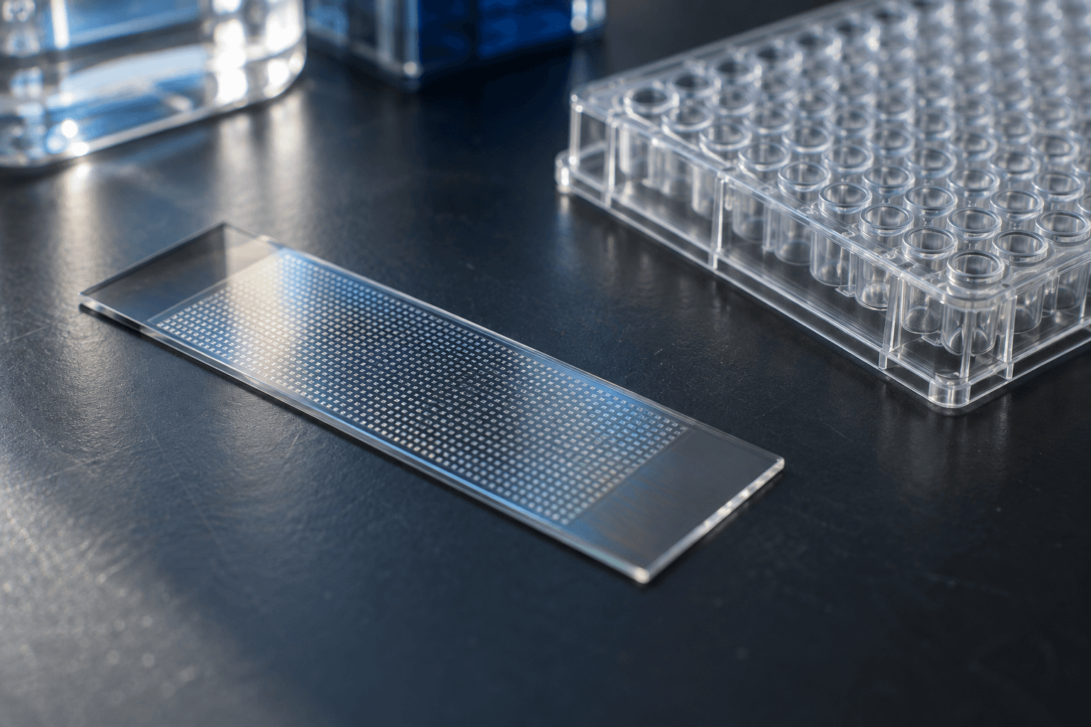 DNA methylation microarray slide beside a 96-well plate