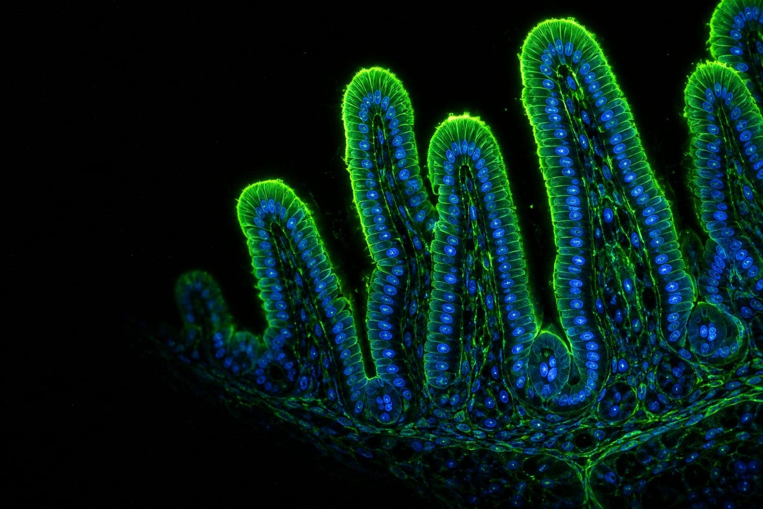 Fluorescence micrograph of small-intestine villi lined with epithelial cells