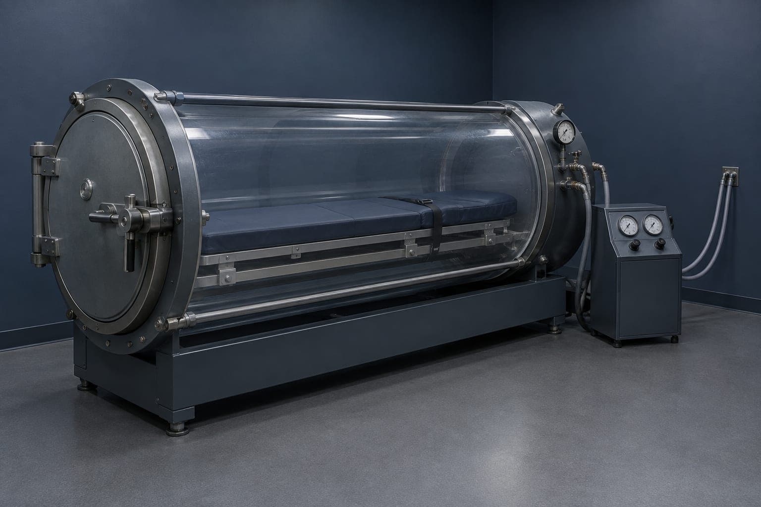 Clear acrylic monoplace hyperbaric chamber with its single head-end hatch closed, beside its operator console