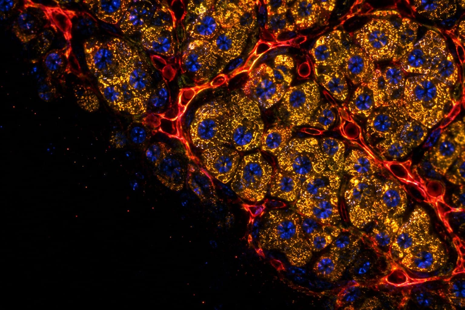 Fluorescence micrograph of hormone-secreting cells in the anterior pituitary gland