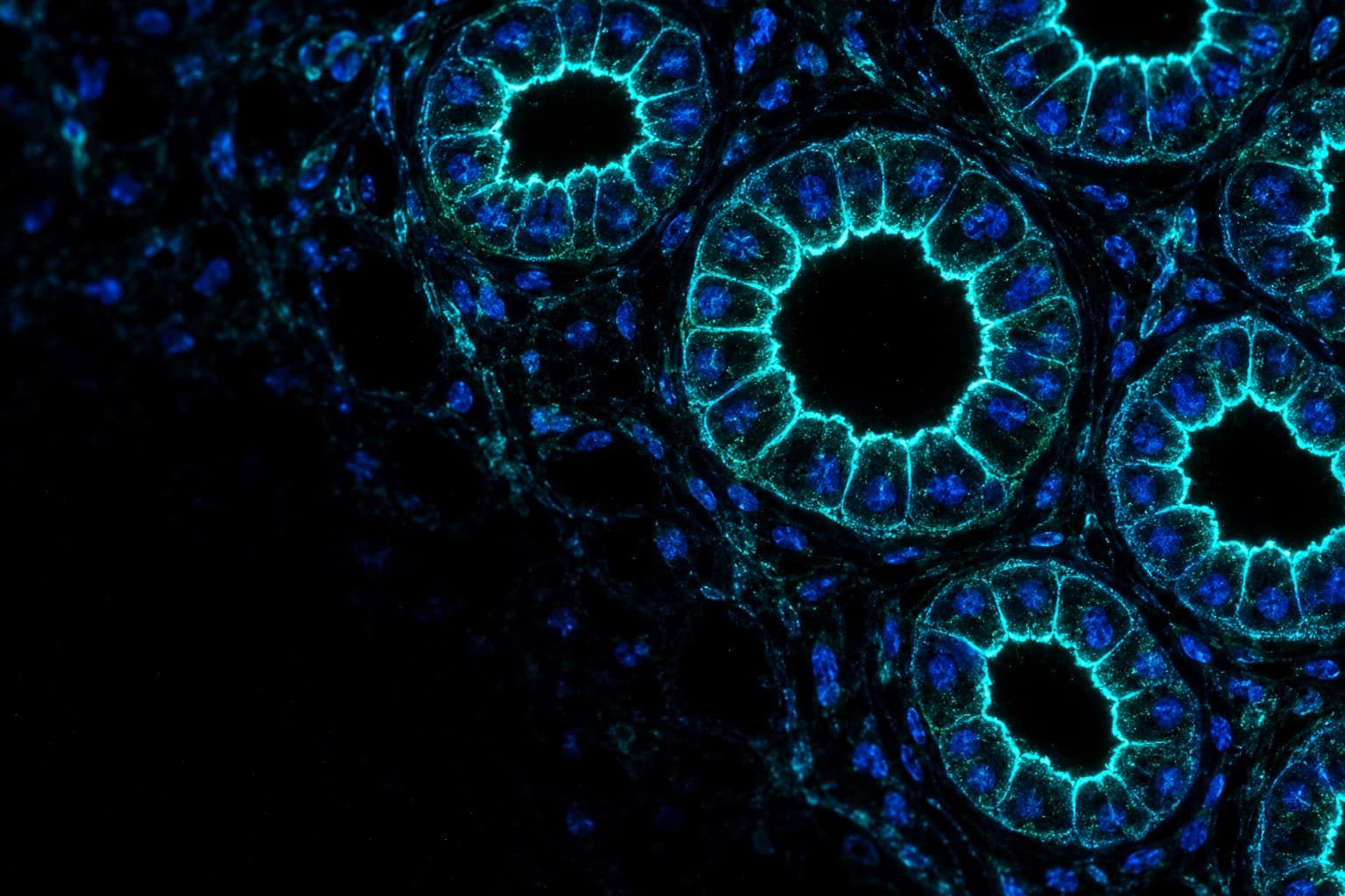 Fluorescence micrograph of kidney tubules with water channels stained along each lumen