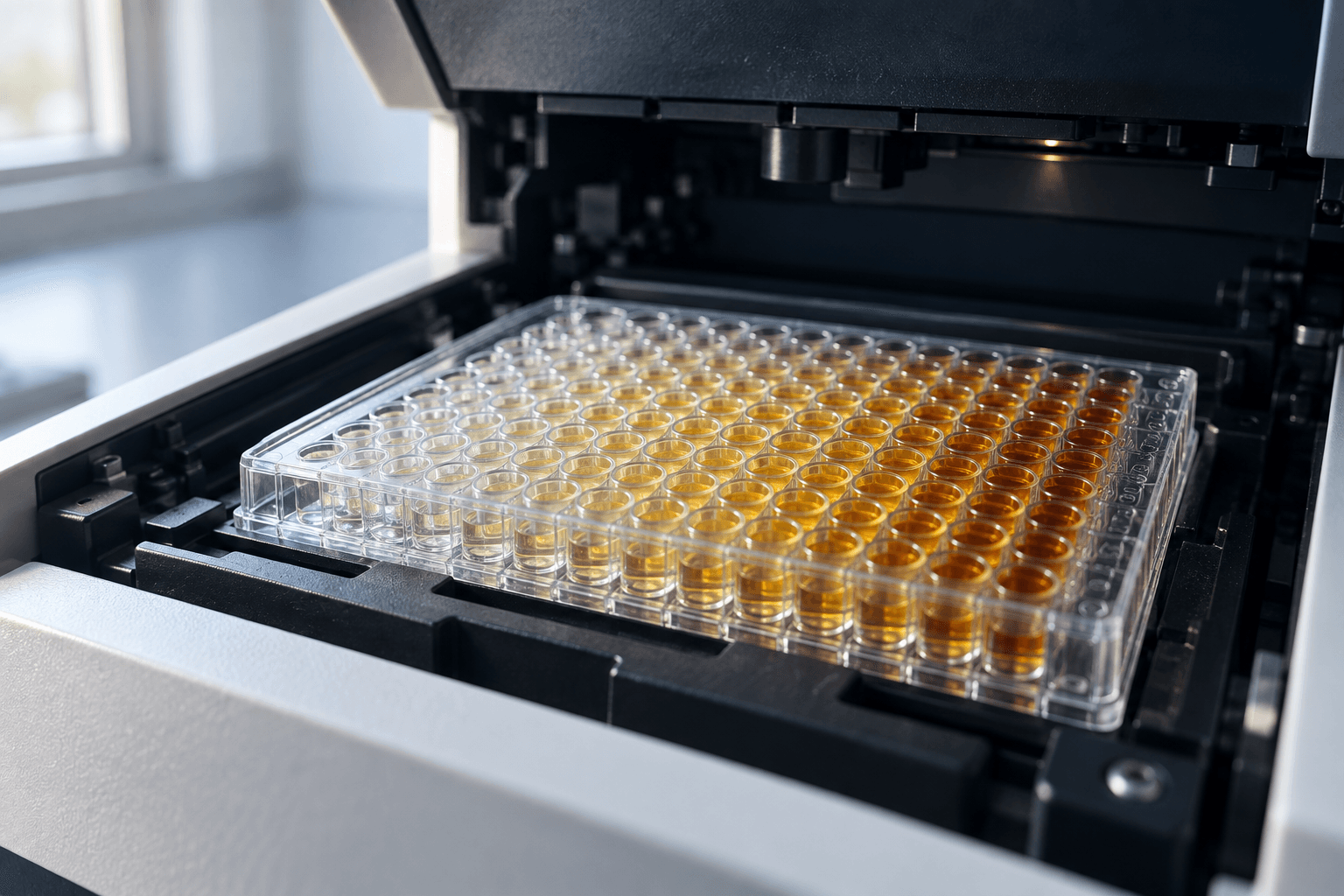 96-well microplate inside a laboratory plate reader