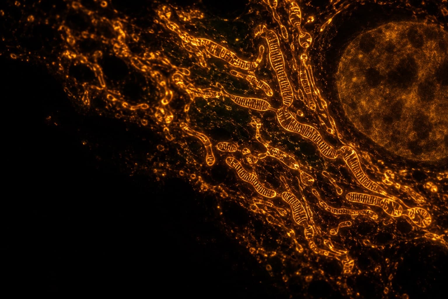 Fluorescence micrograph of mitochondria inside a human cell, their inner folds visible