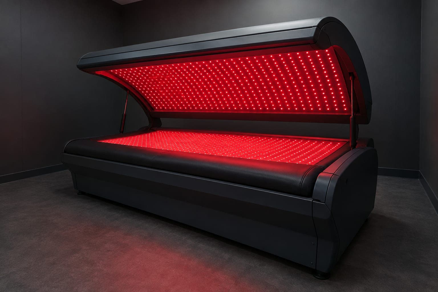 Full-body red-light therapy bed with its LED canopy raised