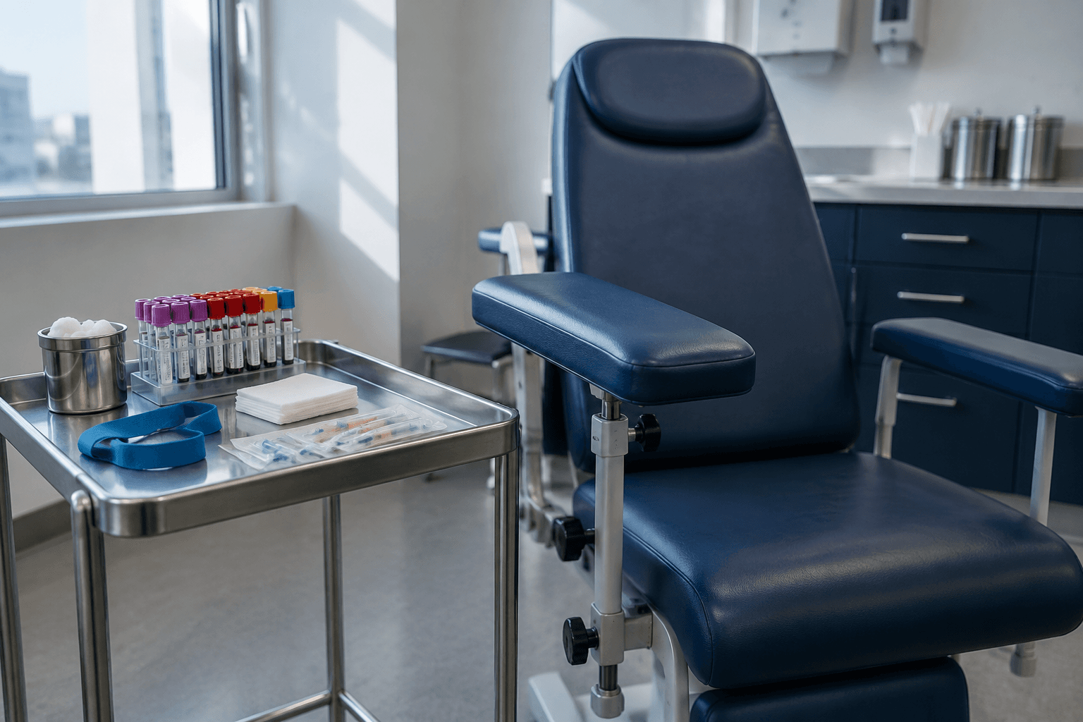 Phlebotomy chair beside a tray of blood collection supplies