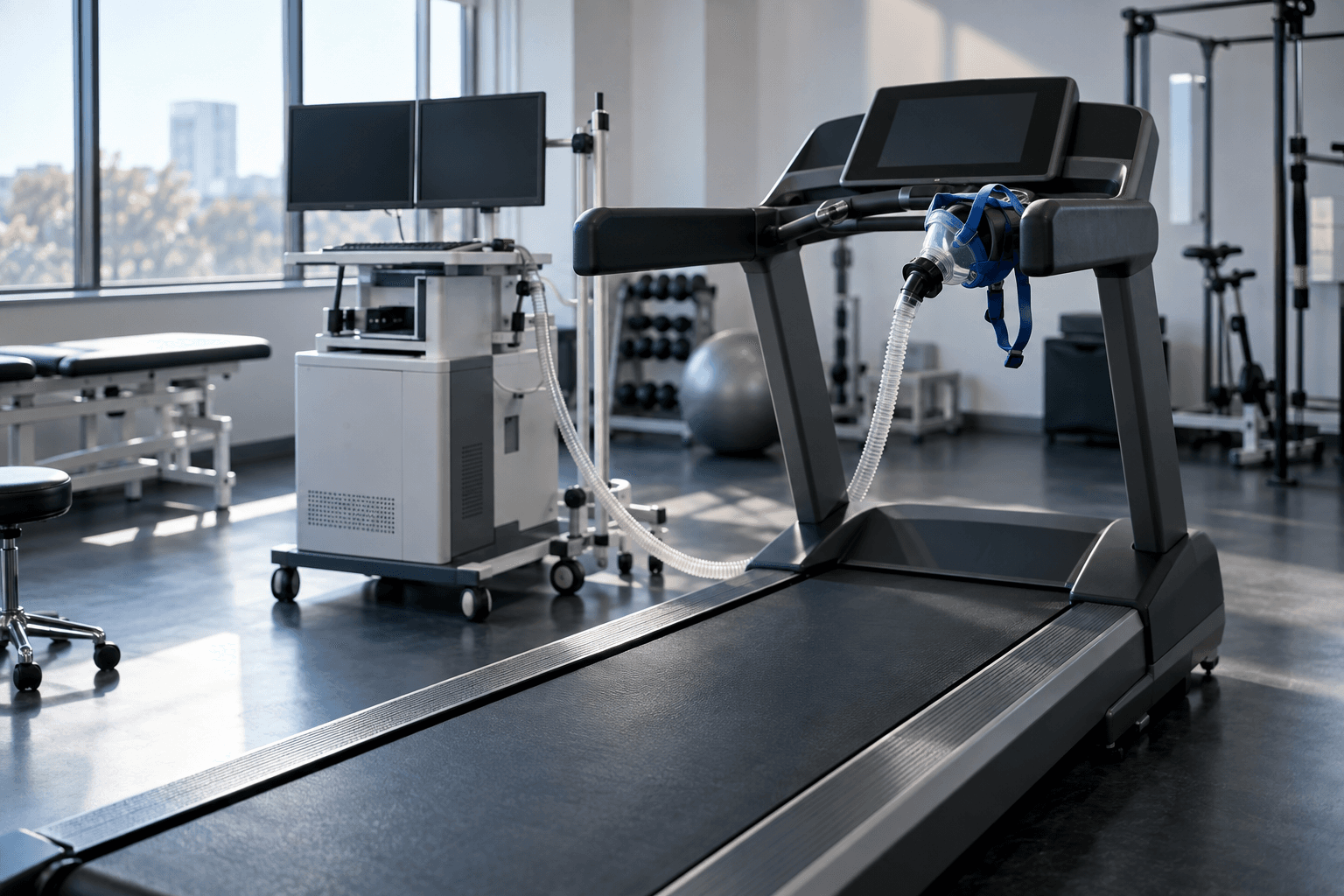 Treadmill and breath-analysis cart for a cardiopulmonary exercise test