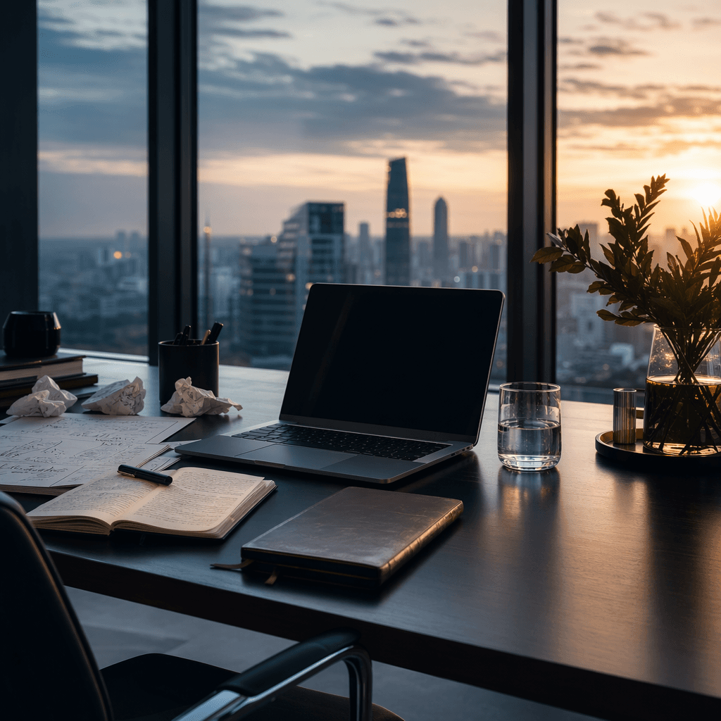 An executive workspace at dawn with laptop, notebook, water glass, and subtle signs of cognitive fatigue transitioning i