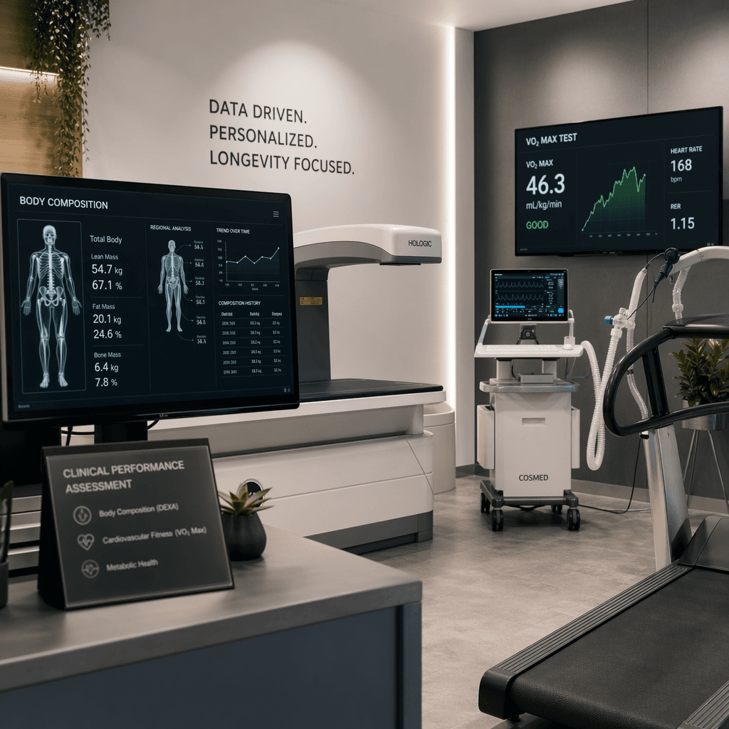A clinical performance assessment scene showing DEXA-style body composition and VO2 max testing equipment in a modern lo