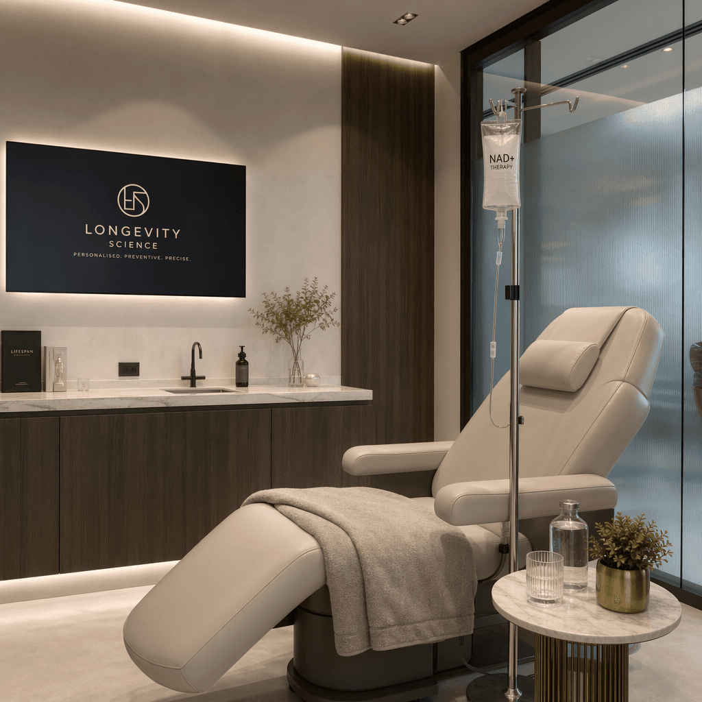 A premium physician-led longevity clinic treatment room with an IV setup for NAD+ therapy, minimalist medical design, no