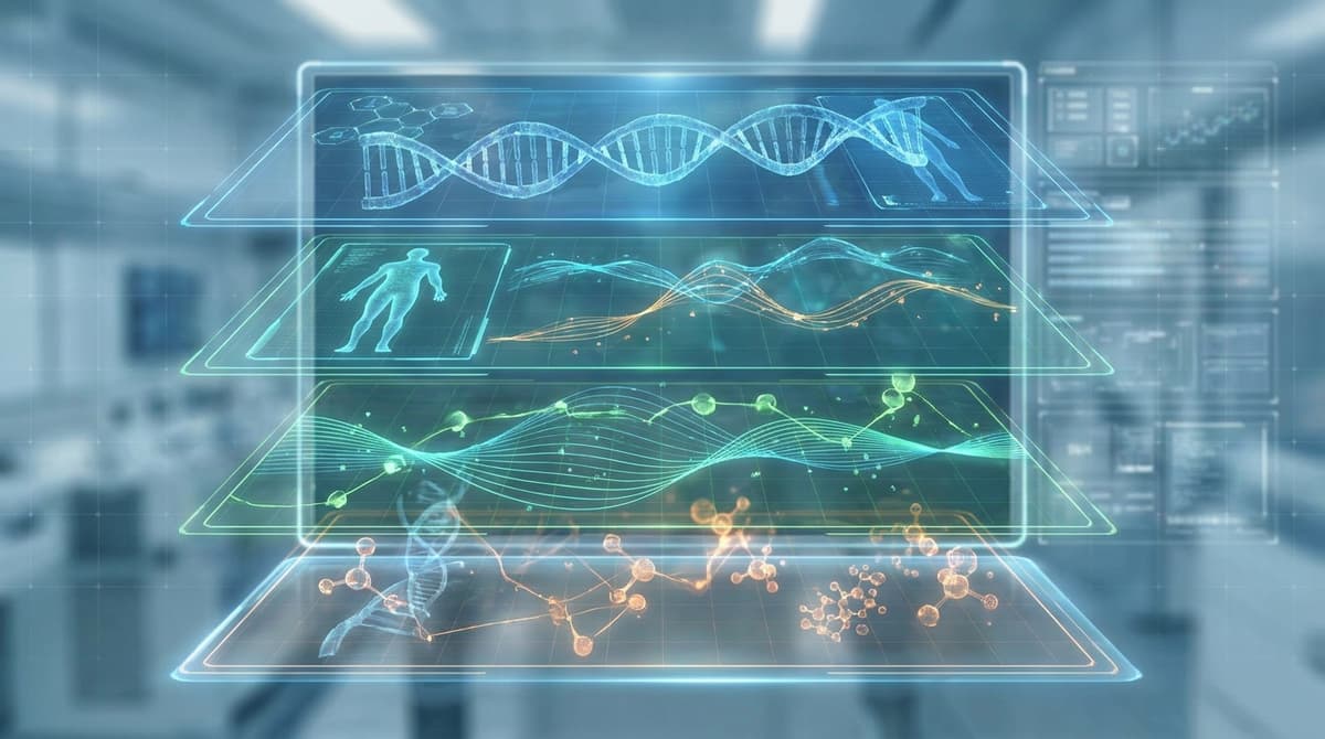 A medical data visualization concept showing layers of biological age assessment including epigenetic clock, DEXA body c